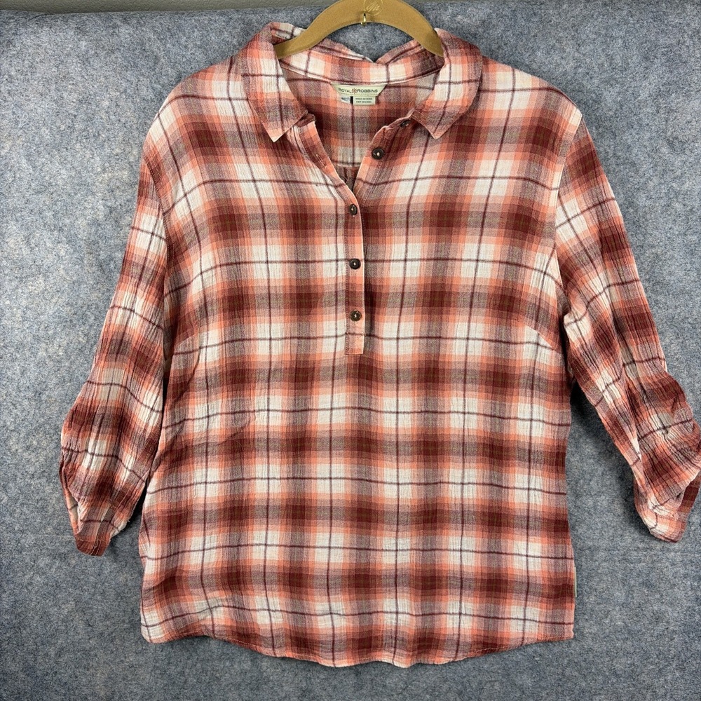 Royal Robbins Women's MED Red Plaid Gauze 3/4‎ Roll Tab Sleeve Popover Top